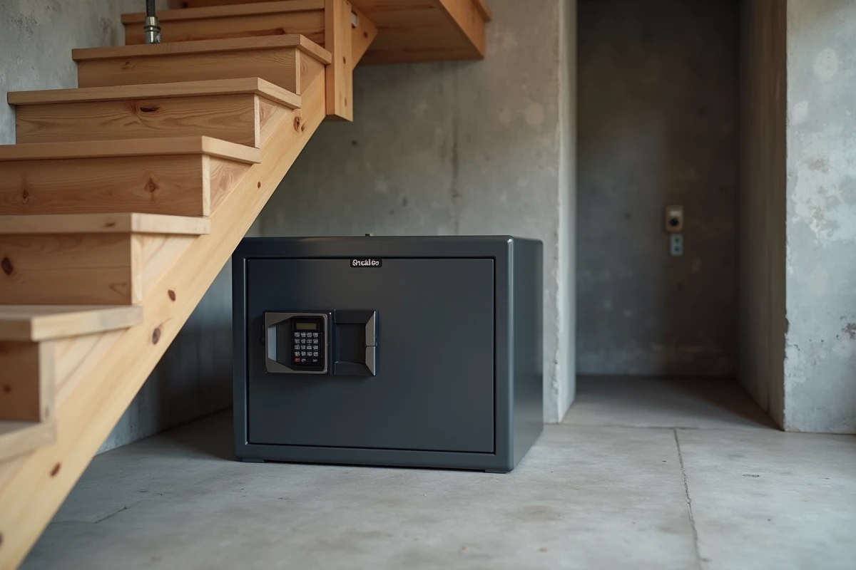 Coffre-fort au sol boulonné sous un escalier en bois dans une maison moderne avec clavier numérique et installation discrète