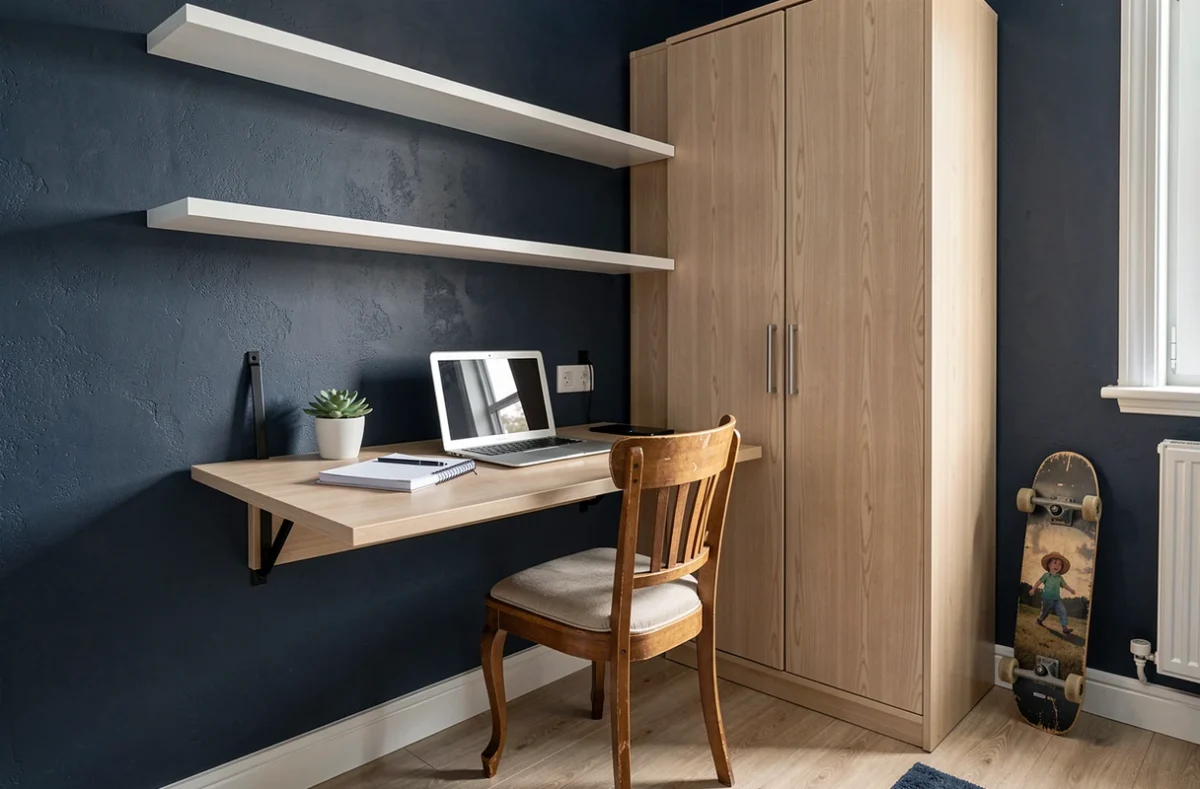 Coin bureau avec bureau rabattable et armoire intégrée dans une chambre ado en longueur aux murs bleu marine