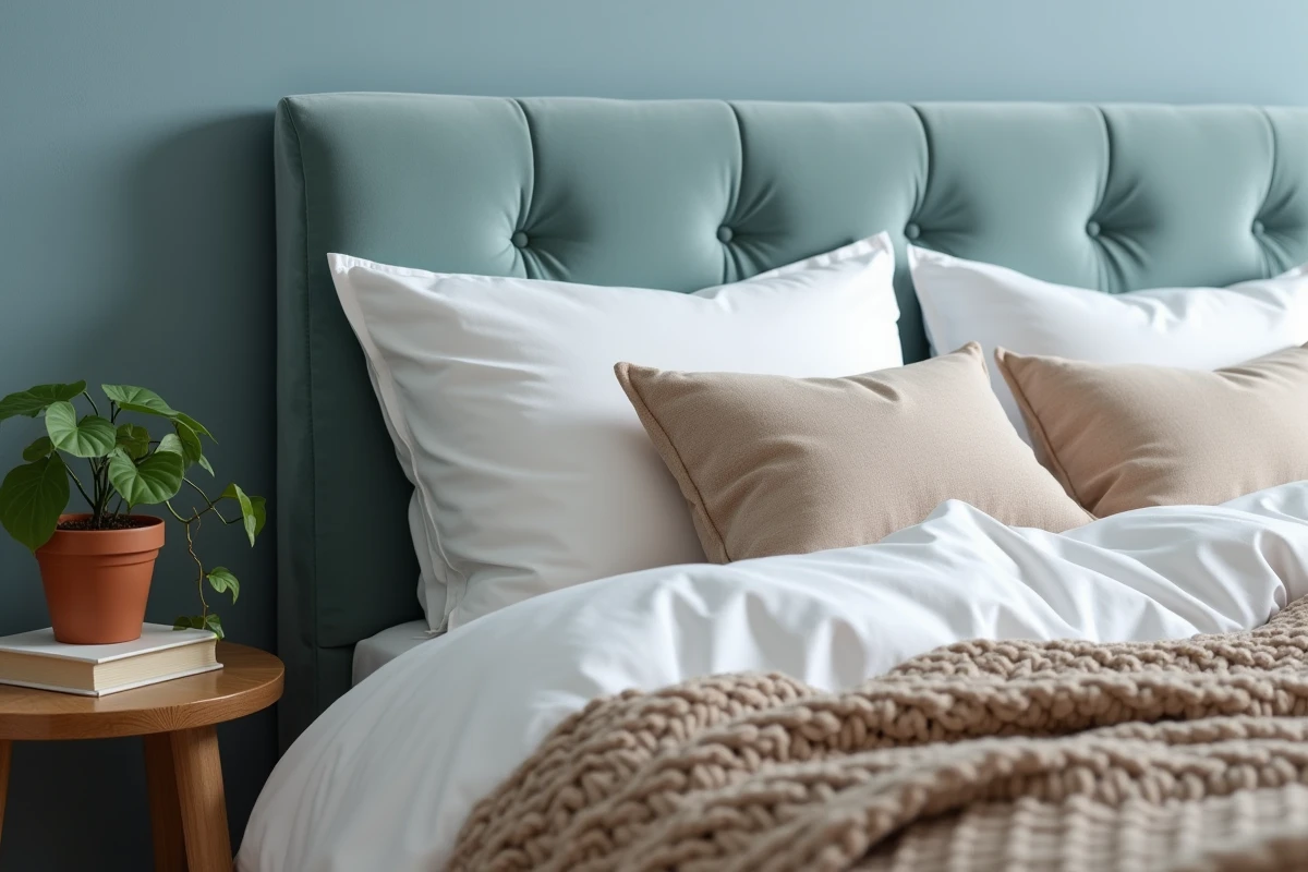 Coin chambre relaxant avec tête de lit en velours bleu poudré, oreillers blancs et plaid taupe tricoté