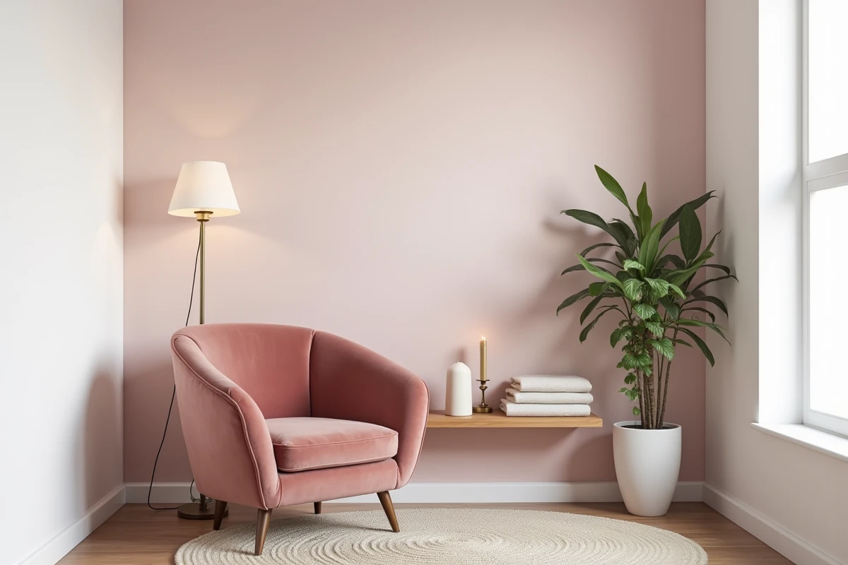 Coin lecture cocooning avec papier peint rose blush aquarelle, fauteuil velours et lampadaire laiton dans une chambre adulte