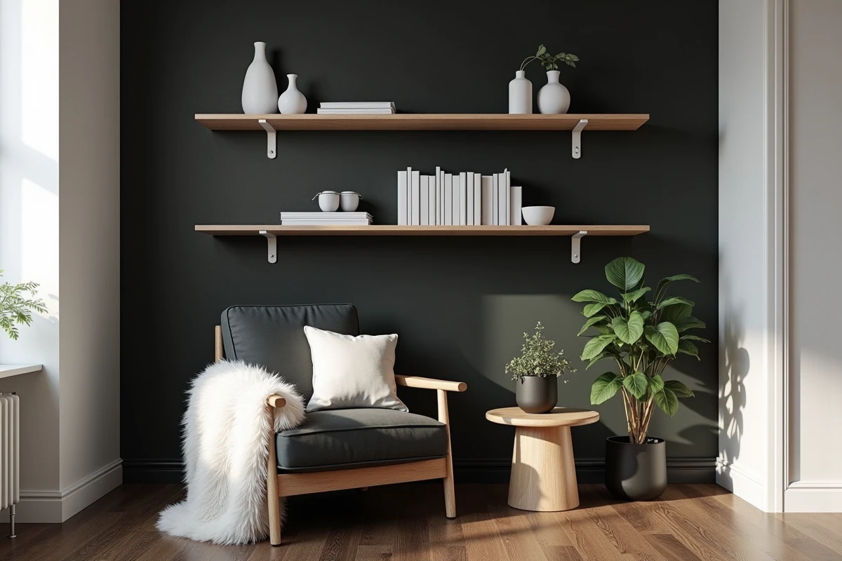 Coin lecture en velours anthracite avec étagères en bois de frêne sur mur noir, alliance élégante bois et décoration noir et blanc