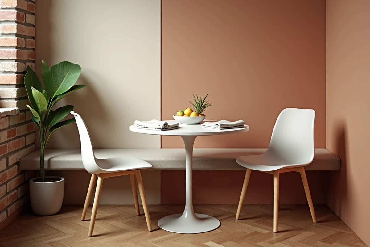 Coin repas convivial dans un appartement urbain avec table ronde blanche et banquette murale style scandinave