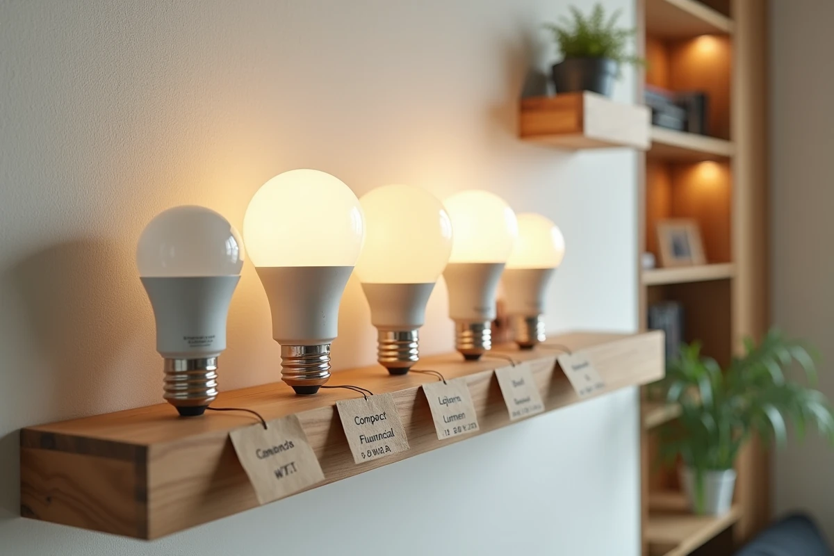Collection d'ampoules LED, fluocompactes et incandescentes rangées sur une étagère en bois avec étiquettes indiquant watts et lumens