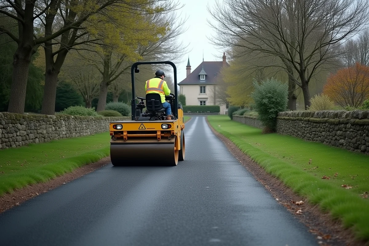 Compactage de l'enrobé bitumineux sur une allée de maison individuelle avec un rouleau compresseur