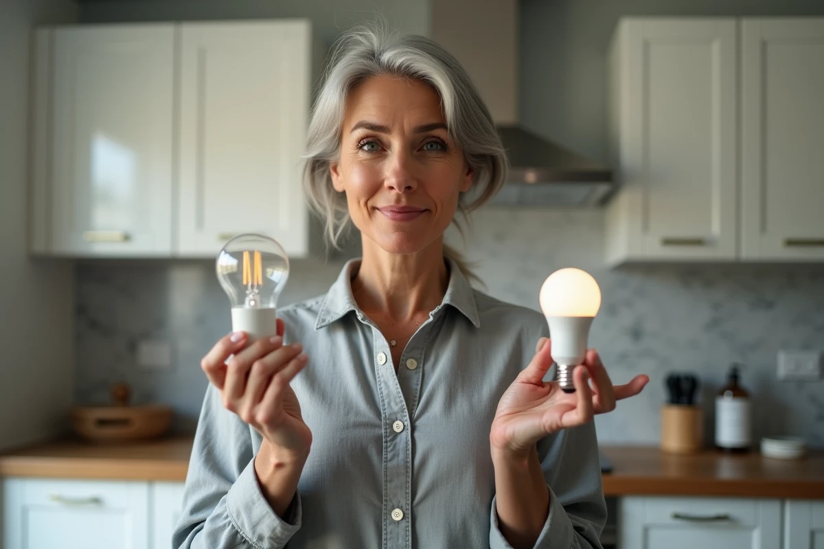 Femme comparant une ampoule LED et une ampoule incandescente dans une cuisine moderne pour choisir la meilleure efficacité énergétique