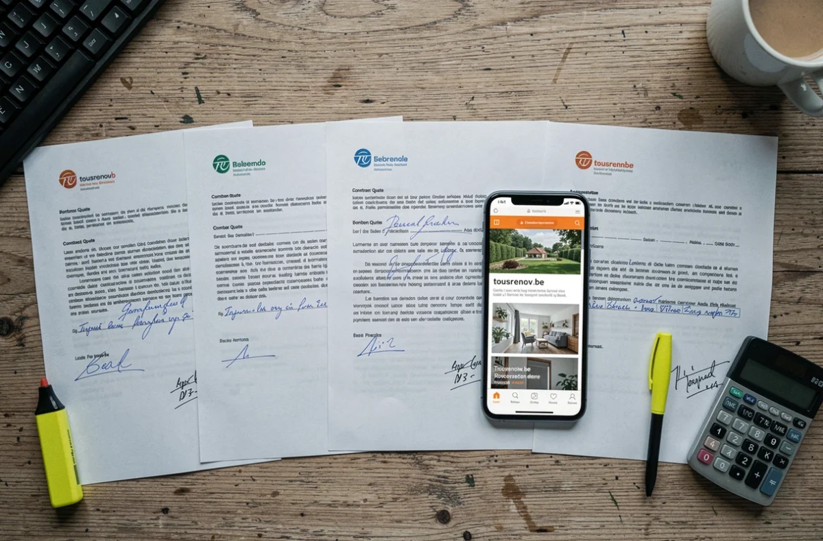 Vue aérienne de cinq devis de rénovation comparés sur un bureau avec smartphone affichant le site tousrenov.be