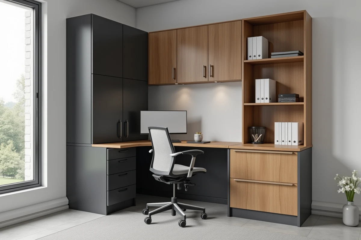 Comparaison meuble d'angle fermé et ouvert dans un bureau contemporain
