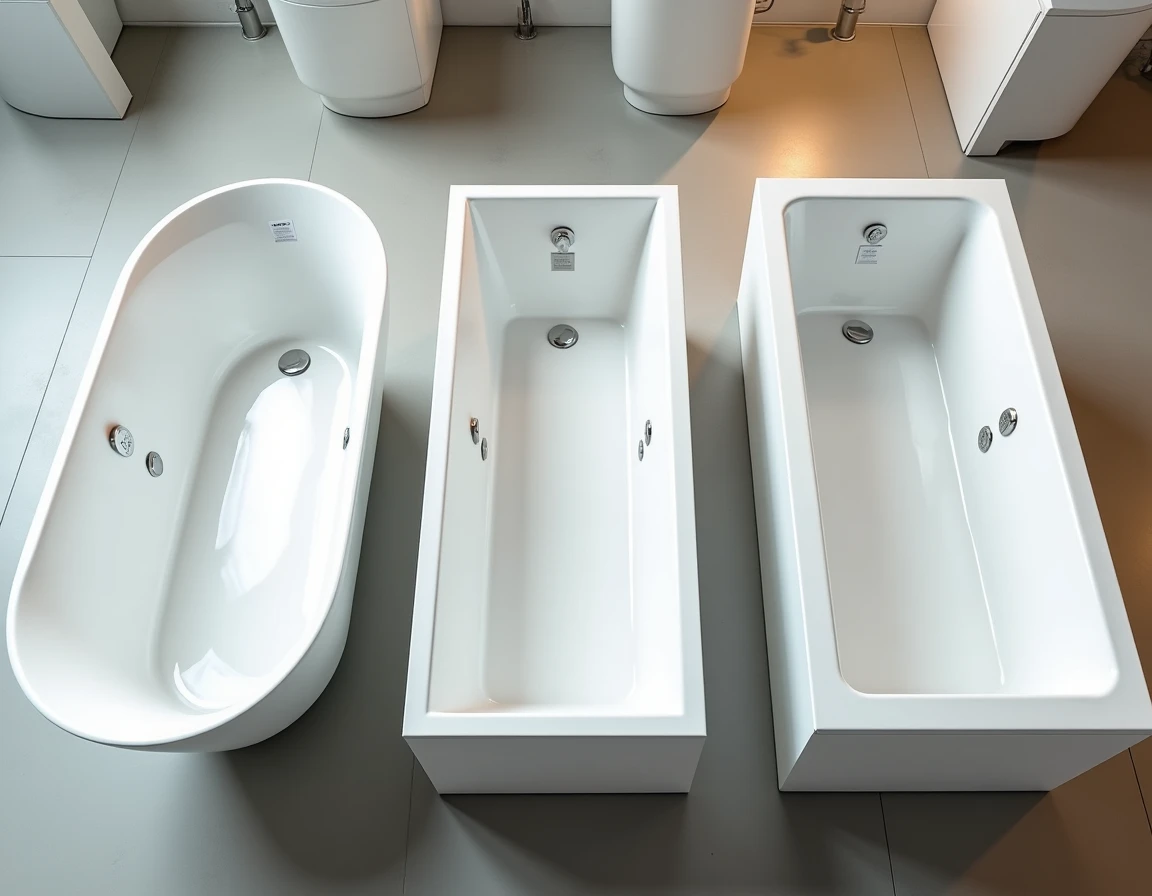 Vue de dessus comparant trois baignoires de contenance différente dans un showroom de salle de bain