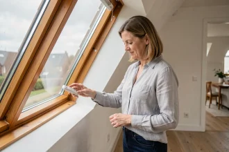 Femme configurant une télécommande Velux sous une fenêtre de toit dans un salon scandinave