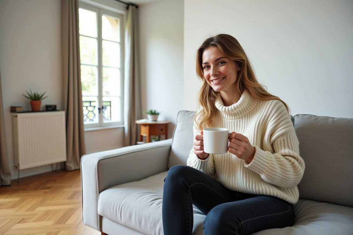 Femme profitant du confort thermique d'un salon rénové avec isolation de mur intérieur performante