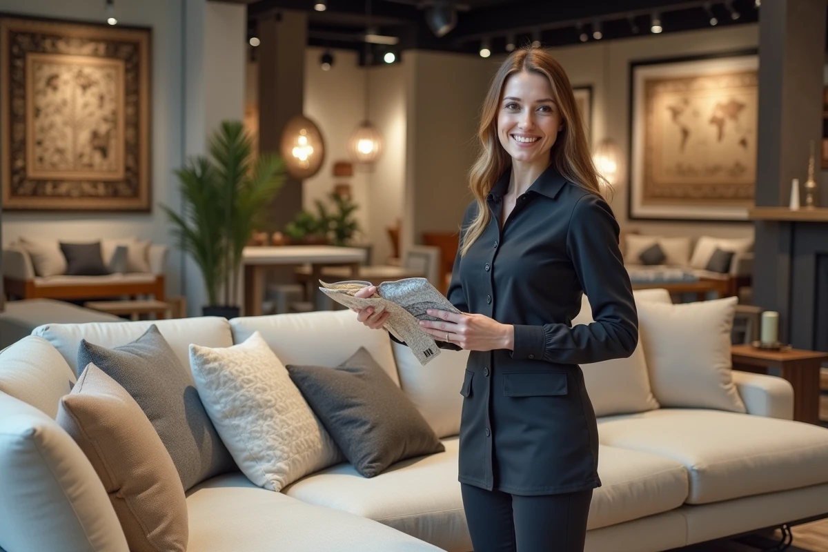 Conseillère de vente présentant des échantillons de tissu pour canapé chez Poltrone et Sofa Plan de Campagne