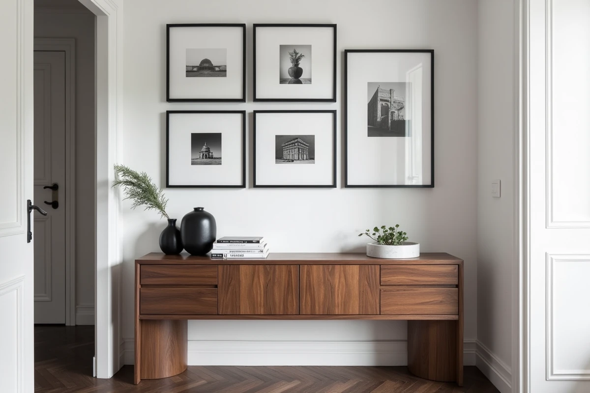 Console en bois de noyer avec galerie de photos en noir et blanc dans un appartement parisien, décoration élégante et épurée