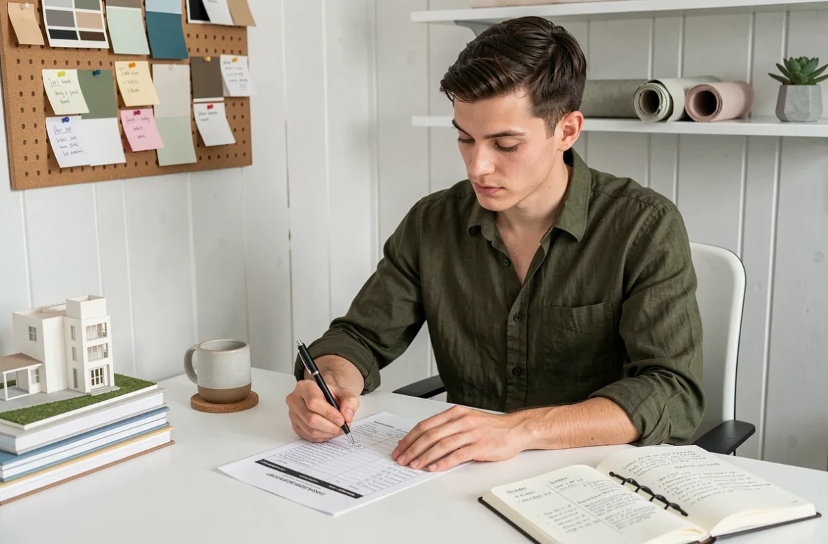 Consultant en décoration intérieure annotant une liste de négociation tarifaire à son bureau minimaliste