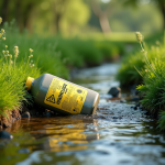 Conteneur d'herbicide abandonné dans un environnement vert avec ruisseau