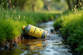 Conteneur d'herbicide abandonné dans un environnement vert avec ruisseau