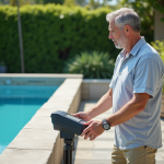 Homme d'âge moyen vérifiant la filtration de la piscine extérieure