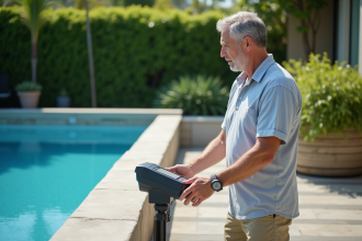 Homme d'âge moyen vérifiant la filtration de la piscine extérieure