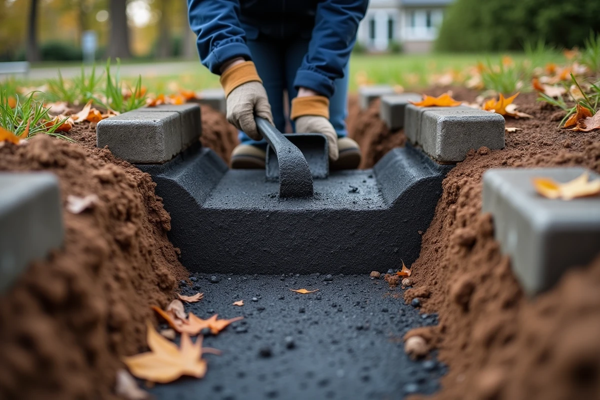 Coupe transversale d'une allée en cours de construction montrant les différentes couches de préparation du sol avant enrobage