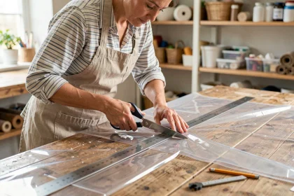 Femme coupant une toile cirée épaisse transparente avec des ciseaux et une règle métallique sur un établi en bois