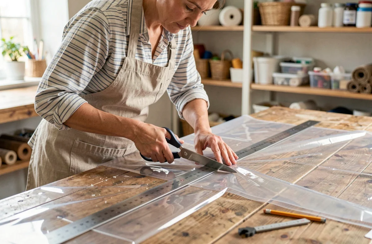 Femme coupant une toile cirée épaisse transparente avec des ciseaux et une règle métallique sur un établi en bois