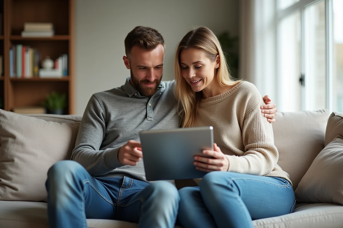Couple consultant des estimations de travaux de rénovation sur une tablette numérique dans leur salon moderne