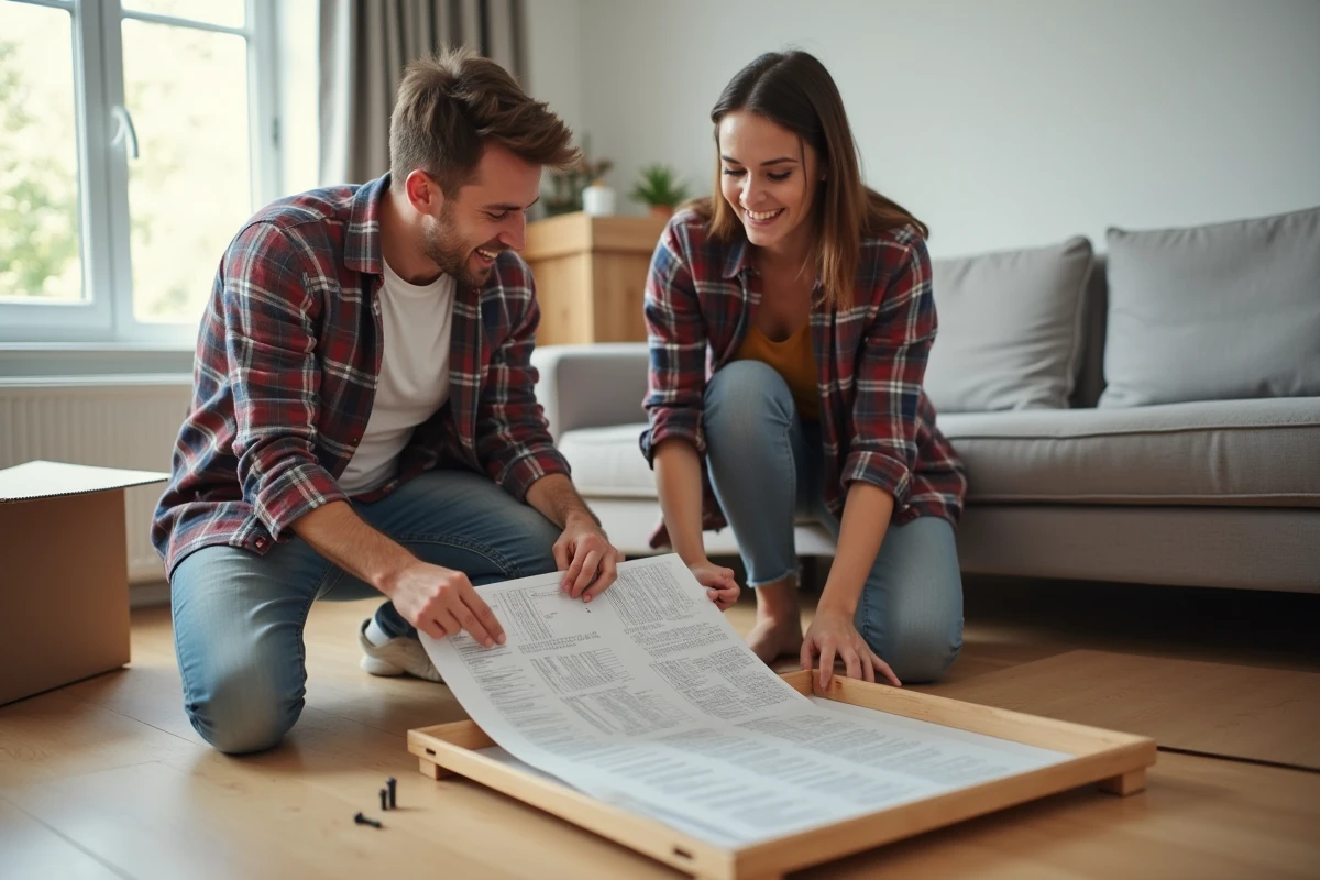 Couple de débutants assemblant des meubles en kit dans un salon avec notice et outils simples