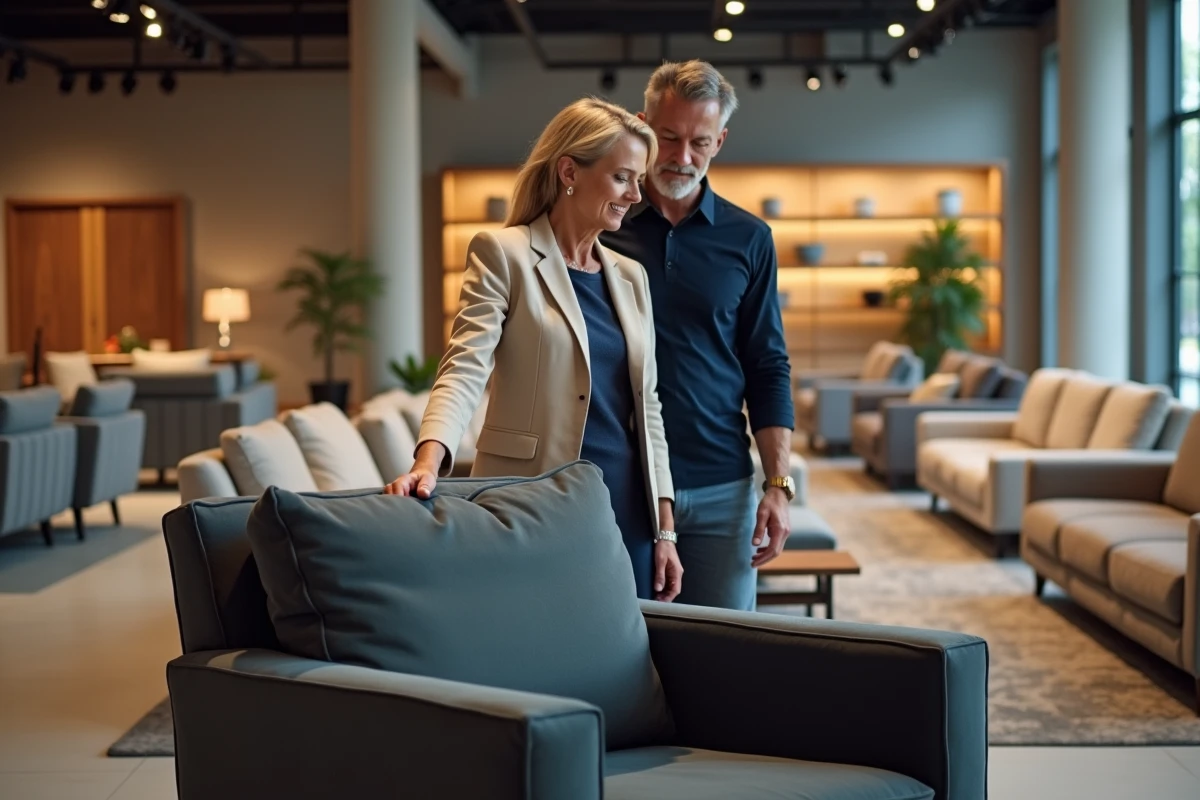 Couple en train de tester un fauteuil en velours gris dans le showroom Poltrone et Sofa de Plan de Campagne
