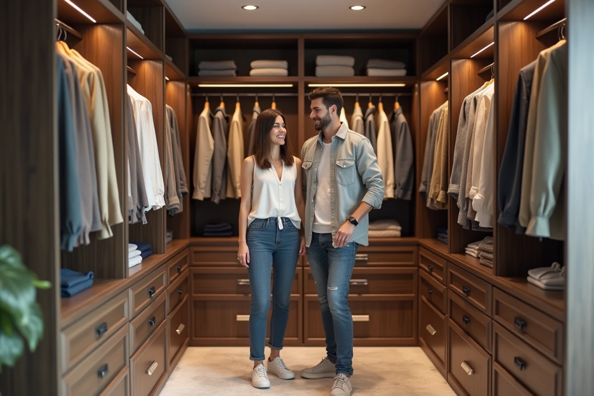 Jeune couple organisant des v&ecirc;tements dans un dressing spacieux