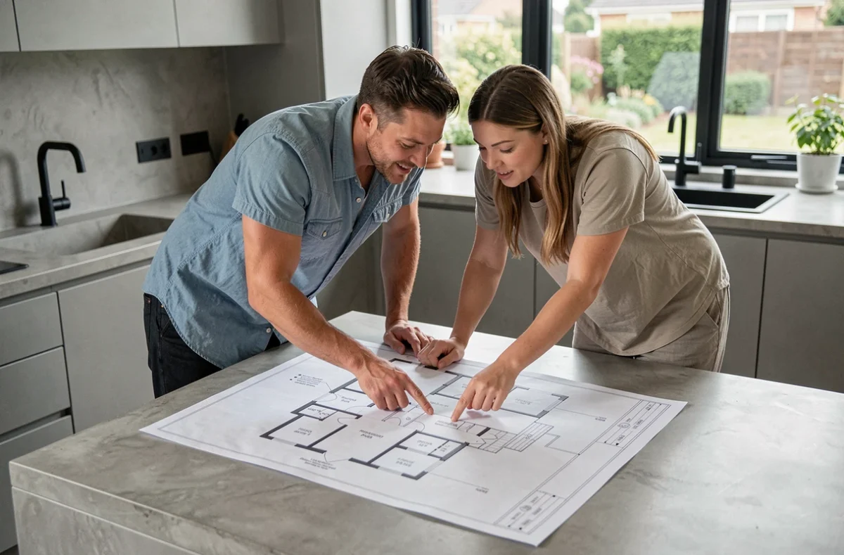 Couple examinant ensemble un plan de maison imprimé dans une cuisine contemporaine