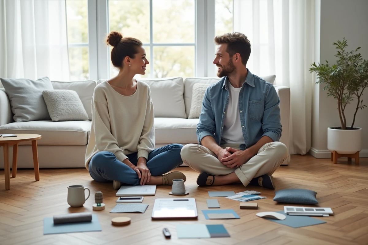 Couple assis sur un parquet en arête de poisson entouré d'échantillons de peinture et de tissus pour planifier la décoration de leur appartement
