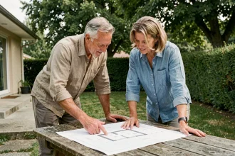 Couple examinant des plans d'extension de maison dans leur jardin en banlieue française