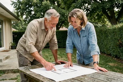 Couple examinant des plans d'extension de maison dans leur jardin en banlieue française