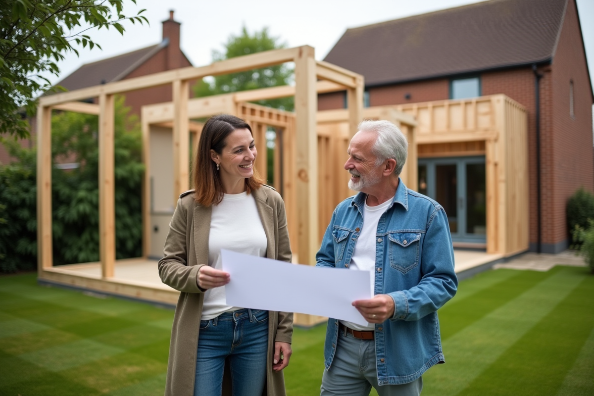 Couple regardant des plans de leur extension de maison