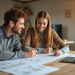 Jeune couple souriant avec conseiller en energie dans un salon moderne