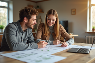 Jeune couple souriant avec conseiller en energie dans un salon moderne