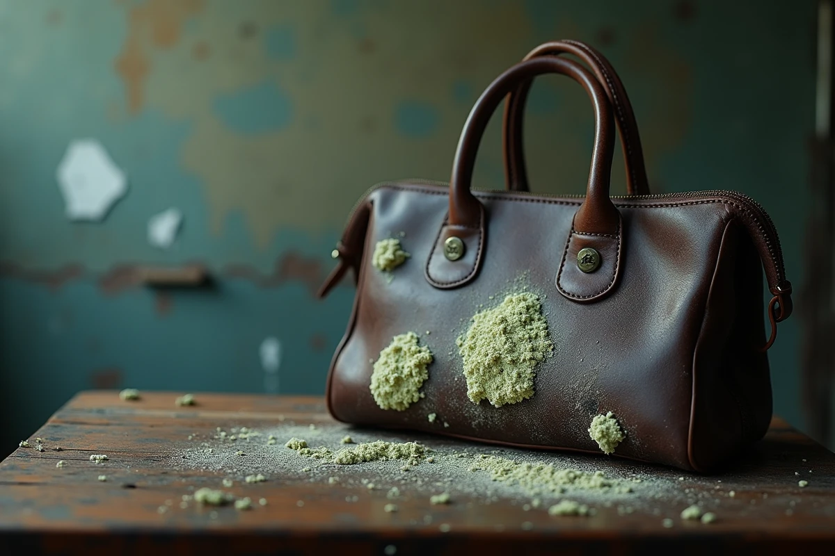 Sac en cuir marron recouvert de moisissures blanches et vertes après un dégât des eaux, posé sur une table en bois dans une cave humide