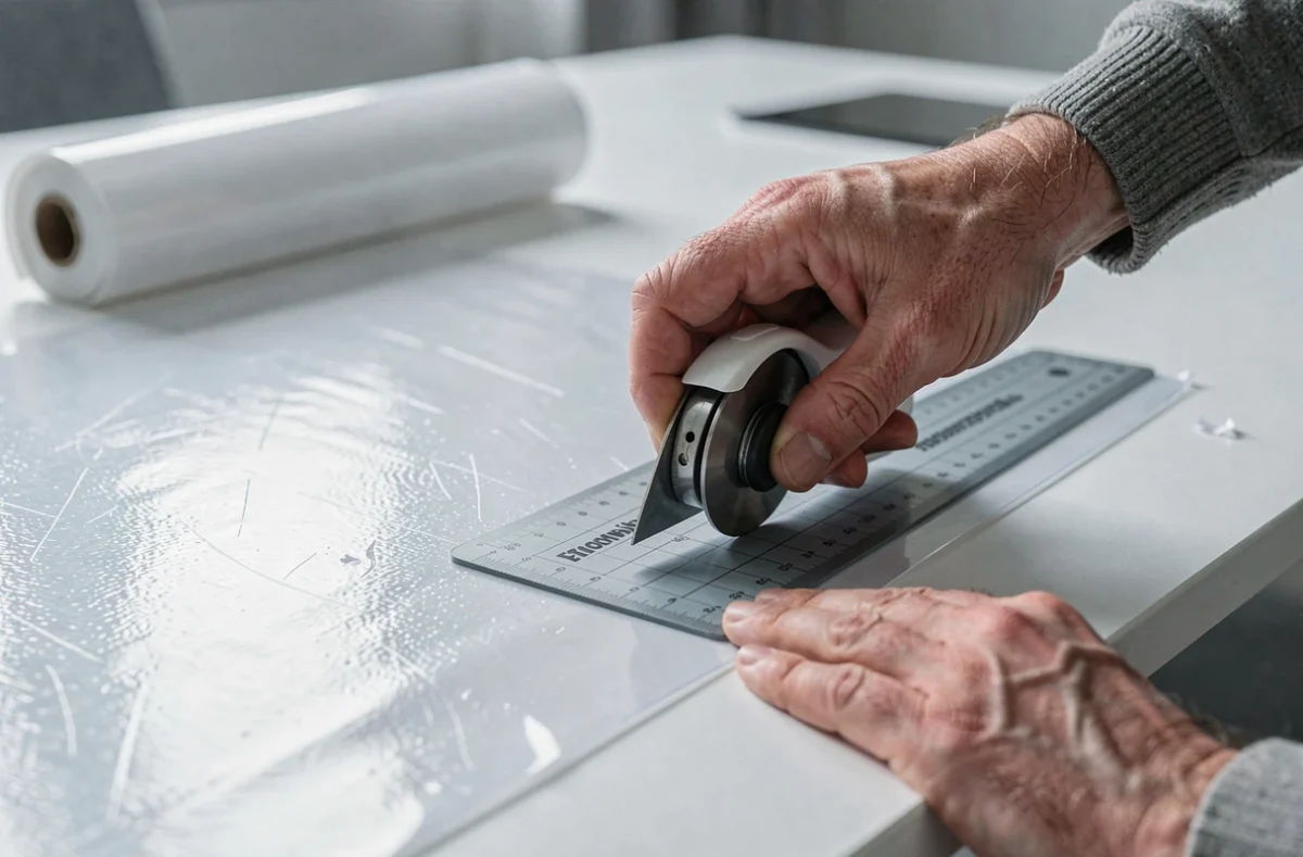 Gros plan sur une coupe nette de toile cirée transparente épaisse avec un cutter rotatif et un tapis de découpe