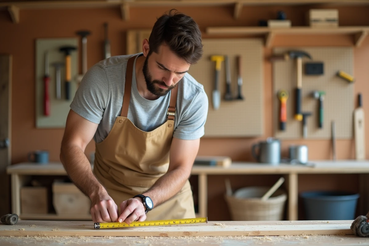 Homme débutant en bricolage mesurant une planche en bois dans un atelier maison avec des outils de base