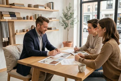 Décorateur intérieur présentant un devis détaillé à un couple de clients dans un studio de design contemporain