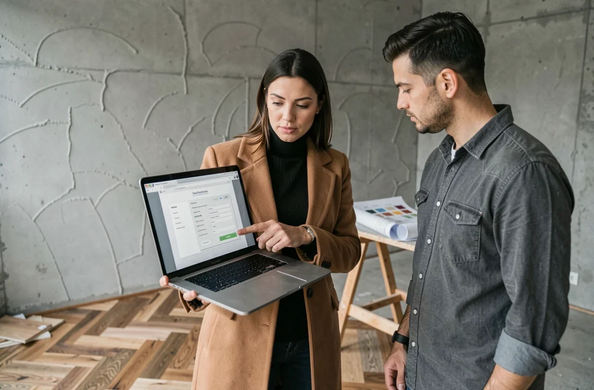 Décoratrice intérieure montrant une proposition tarifaire sur ordinateur portable dans un appartement en rénovation