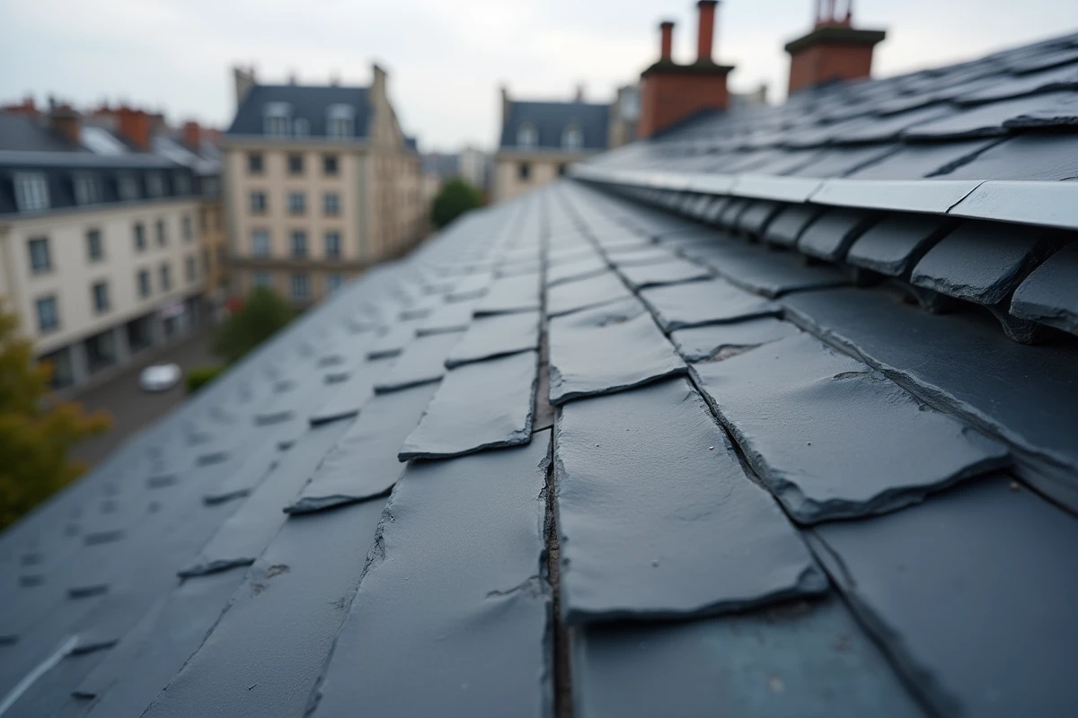 Détail de l'agencement d'ardoises sur une toiture parisienne à pente modérée avec faîtage en zinc