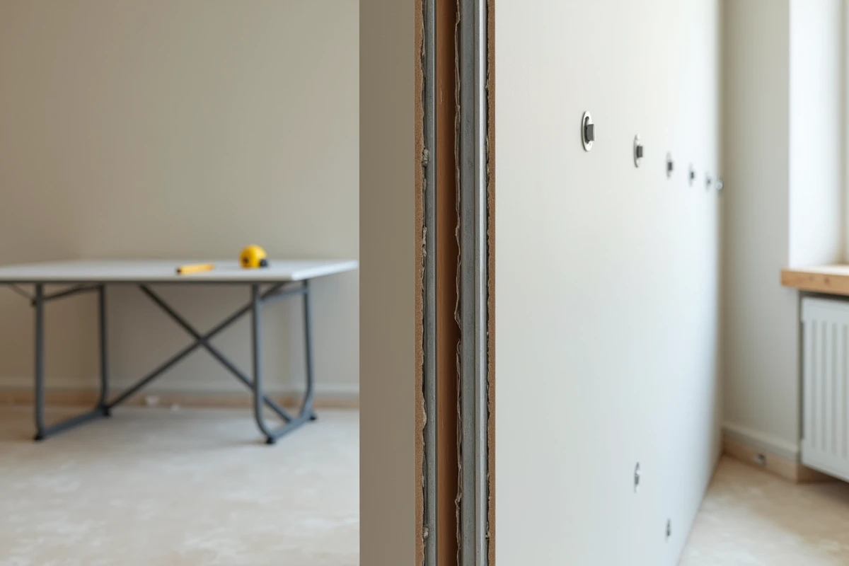 Détail de l'assemblage d'une cloison demi-stil avec rails et montants métalliques partiellement recouverts de plaques de plâtre