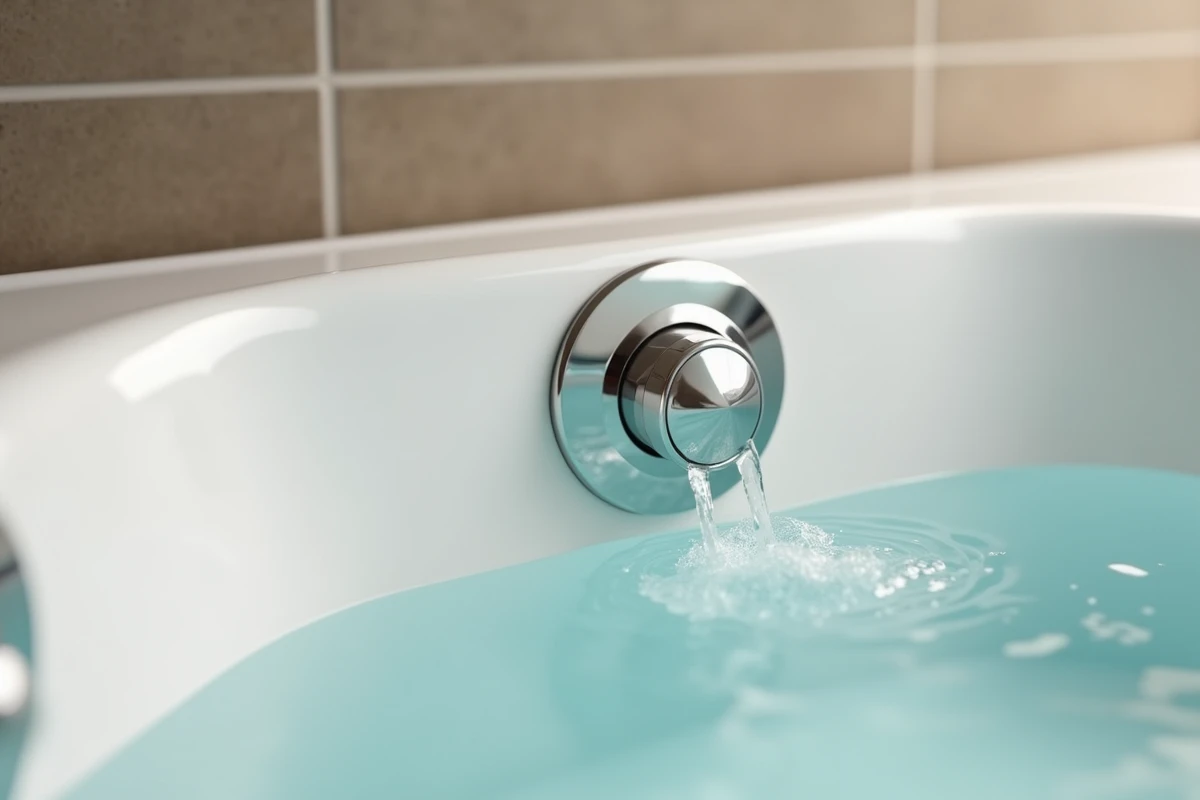 Détail des jets hydromassants et du panneau de commande d'une baignoire balnéo avec écoulement d'eau
