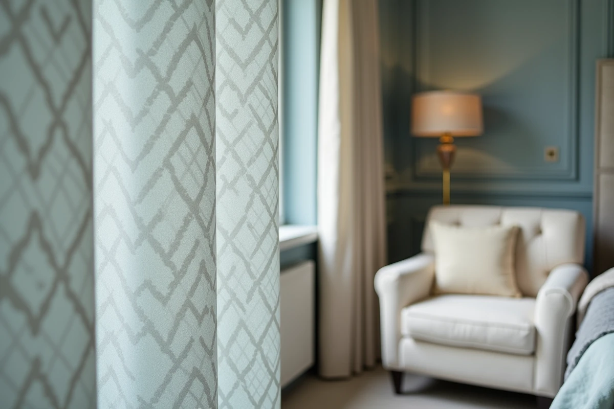Détail de papier peint damassé bleu ardoise avec velours mat dans une chambre adulte cocooning