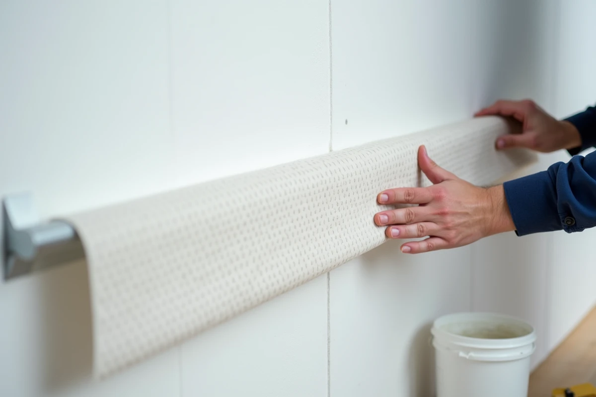 Gros plan sur des mains alignant les lés d'un papier peint blanc intissé avec motif géométrique en relief