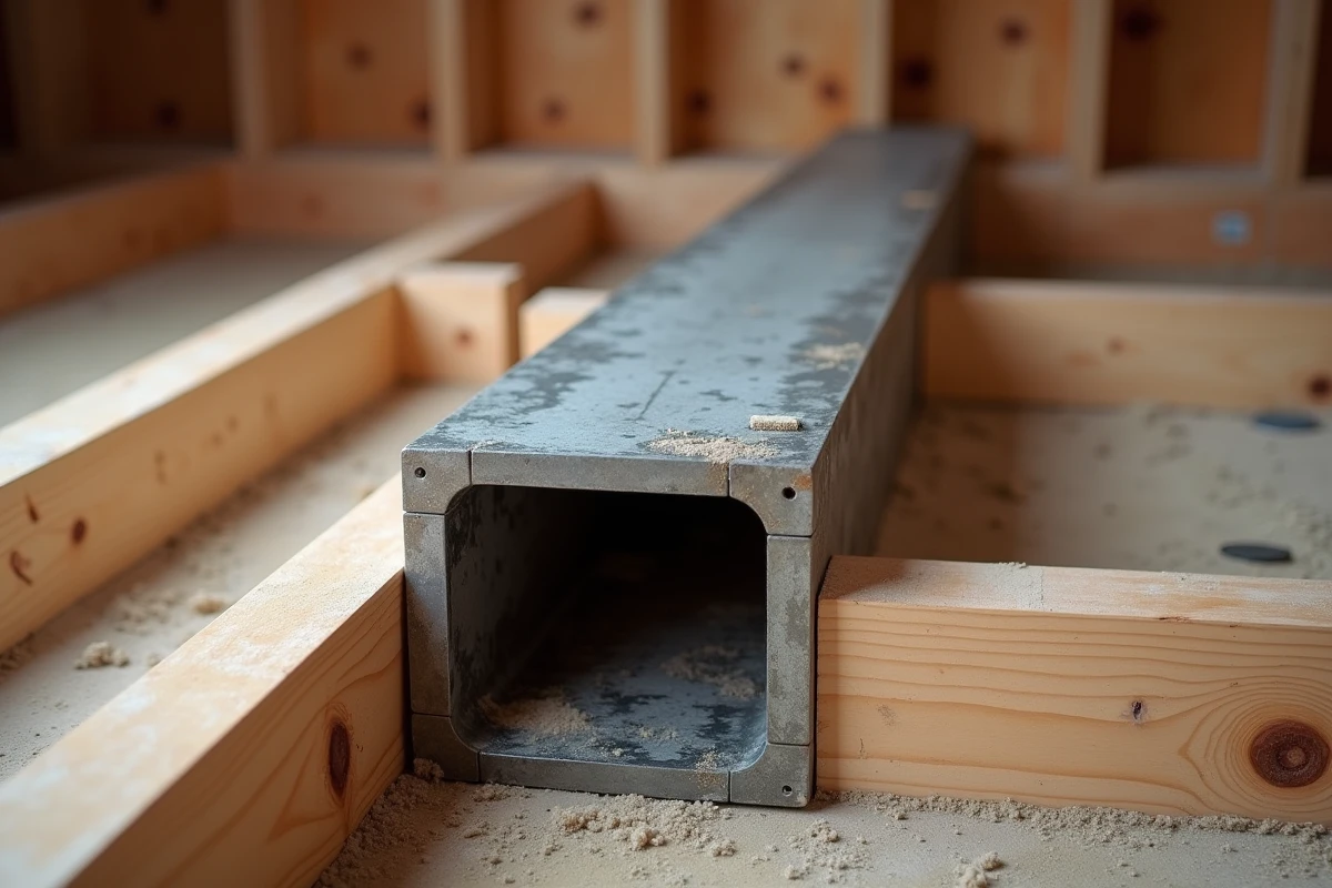 Gros plan sur la section transversale d'un IPN en acier posé sur des solives en bois dans une charpente de plancher en cours de rénovation