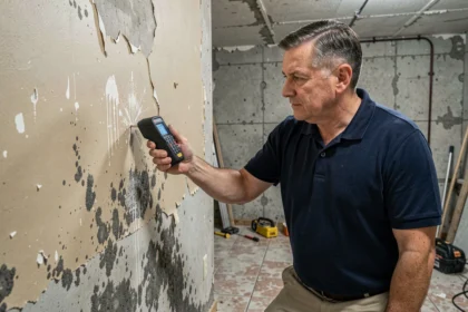 Professionnel du bâtiment mesurant l'humidité d'un mur en sous-sol avec un hygromètre, diagnostic avant travaux