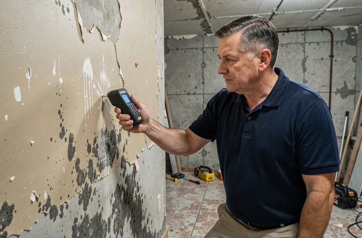 Professionnel du bâtiment mesurant l'humidité d'un mur en sous-sol avec un hygromètre, diagnostic avant travaux