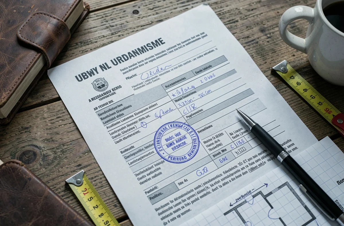 Documents officiels de demande de permis de construire sur un bureau de mairie avec plans annotés