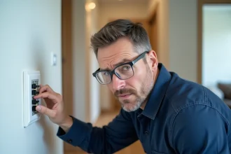 Électricien examinant un interrupteur poussoir mural avec des fils apparents dans un couloir d'appartement moderne
